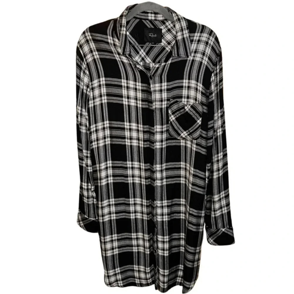Rails Longline Plaid Black and White Flannel Shirt Size Medium